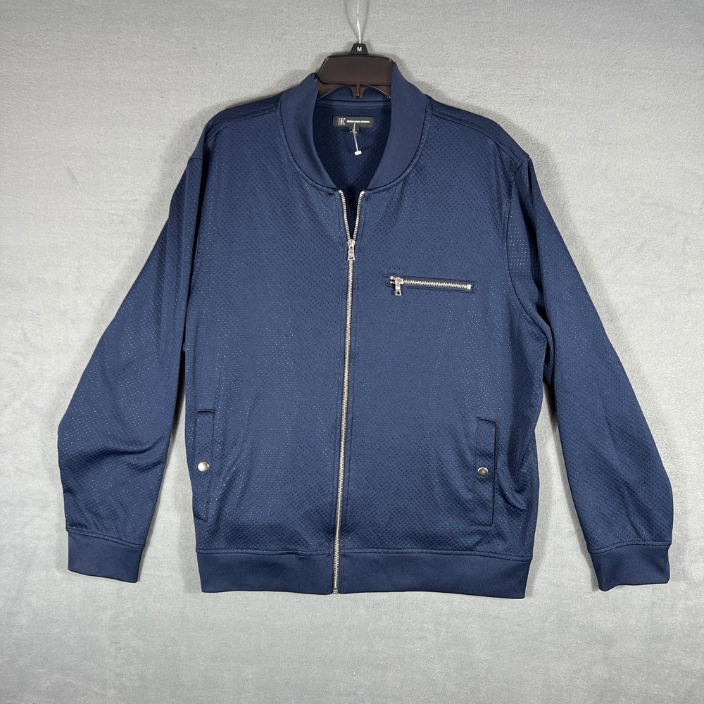 INC Mens Bomber Jacket XL Navy Blue Perforated Full Zip Long Sleeve Pocket